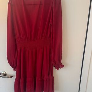 Long-Sleeve Red Smocked-Waist Mini Dress